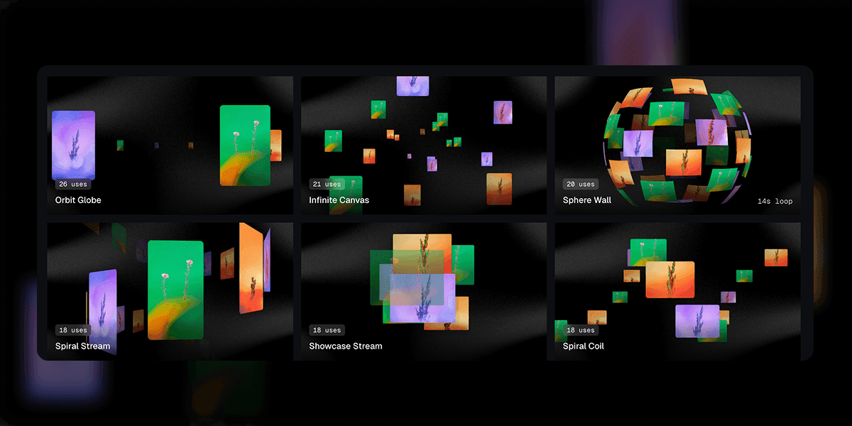 The template gallery, six loops playing side by side with their names and use counts.